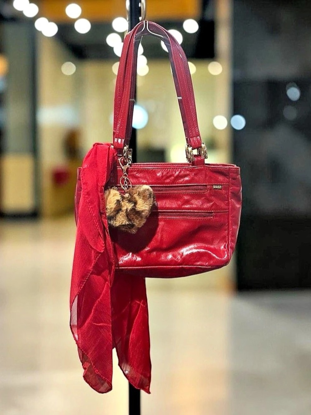 Vintage SAS Red Shoulder Bag with added and removable Scarf & Faux Fur Heart Pom